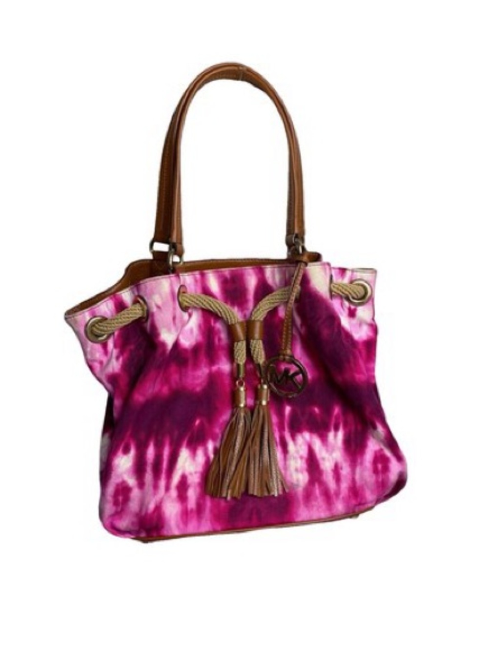 Michael Kors Magenta Tie-Dye Drawstring Shoulder Tote with Brown Leather